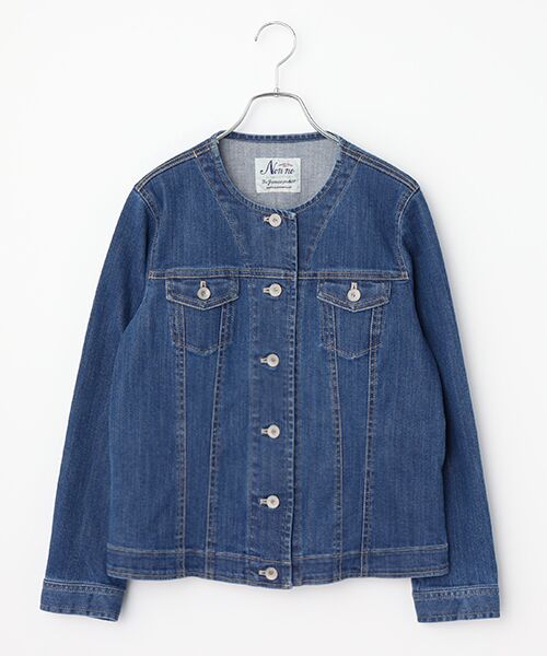 Mademoiselle NON NON / マドモアゼルノンノン Gジャン・デニムジャケット | 11OZバージラストレッチ ノーカラーデニムジャケット（薄インディゴ）