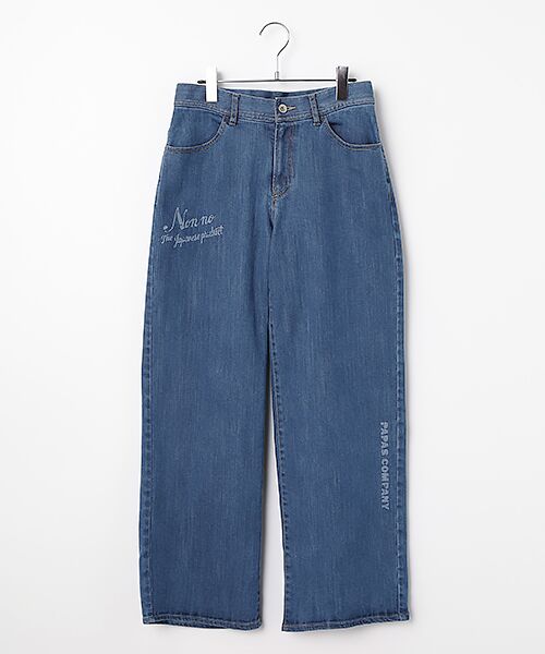 Mademoiselle NON NON / マドモアゼルノンノン デニムパンツ | 11OZバージラストレッチ レーザープリント入り太ストレートデニムパンツ（薄インディゴ）