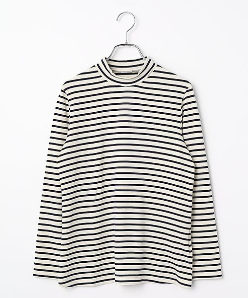 Mademoiselle NON NON / マドモアゼルノンノン カットソー | レナー先染ベア天竺ボーダー ハイネックカットソー[9分袖]（オフシロ×ネイビー）