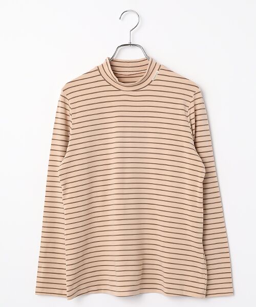 Mademoiselle NON NON / マドモアゼルノンノン カットソー | レナー先染ベア天竺ボーダー ハイネックカットソー[9分袖]（ピンク×モカチャ）