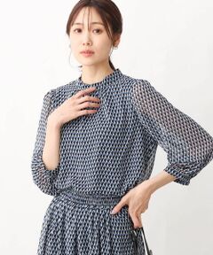 【小さいサイズ】幾何柄シフォンスタンドカラーブラウス/洗える