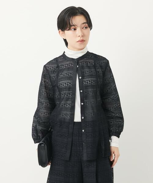 Maison de CINQ/メゾン ドゥ サンク 幾何ボーダーレースプリーツブラウス ブラック S Maison de CINQ/メゾン ドゥ サンク 幾何ボーダーレースプリーツブラウス ブラック S