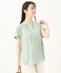 Maison de CINQ / メゾン ドゥ サンク シャツ・ブラウス | 【小さいサイズ】バンドカラーサテンブラウス(新色追加)/接触冷感/洗える/セットアップ対応