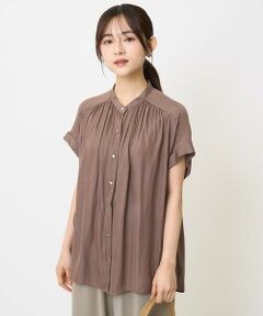 Maison de CINQ / メゾン ドゥ サンク シャツ・ブラウス | 【小さいサイズ】バンドカラーサテンブラウス(新色追加)/接触冷感/洗える/セットアップ対応