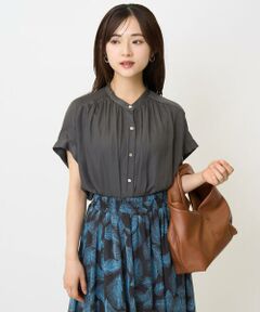 Maison de CINQ / メゾン ドゥ サンク シャツ・ブラウス | 【小さいサイズ】バンドカラーサテンブラウス(新色追加)/接触冷感/洗える/セットアップ対応