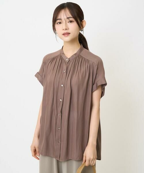 Maison de CINQ / メゾン ドゥ サンク シャツ・ブラウス | 【小さいサイズ】バンドカラーサテンブラウス(新色追加)/接触冷感/洗える/セットアップ対応(モカ)