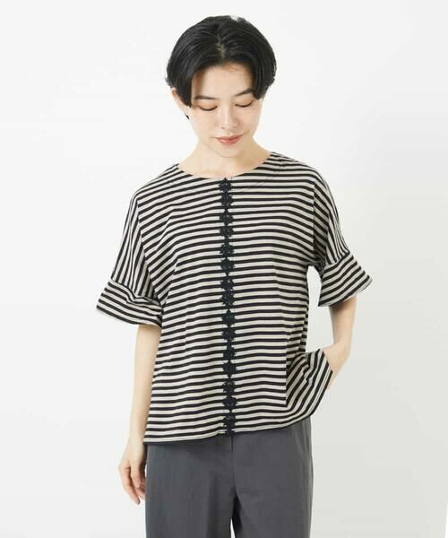 Maison de CINQ / メゾン ドゥ サンク カットソー | [日本製]レースデザインボーダーカットソー | 詳細1