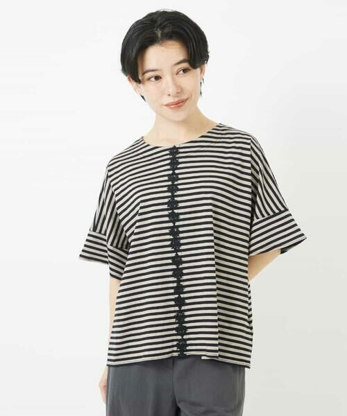 Maison de CINQ / メゾン ドゥ サンク カットソー | [日本製]レースデザインボーダーカットソー | 詳細2