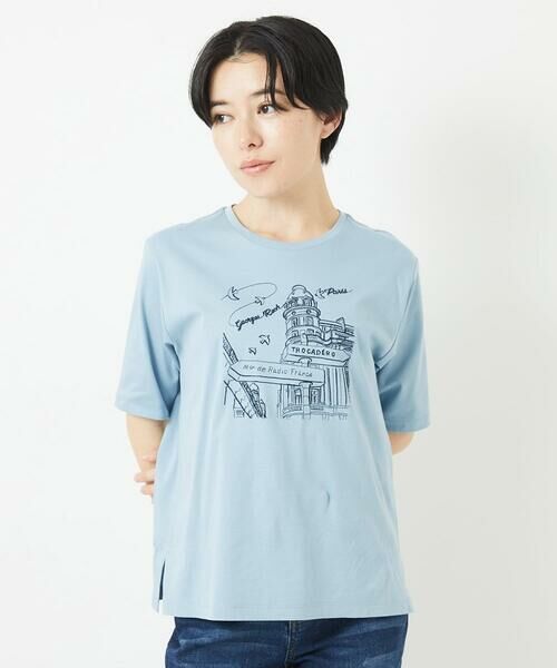 Maison de CINQ/メゾン ドゥ サンク ドライコットンイラスト刺繍Tシャツ ライトブルー S Maison de CINQ/メゾン ドゥ サンク ドライコットンイラスト刺繍Tシャツ ライトブルー S