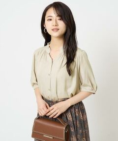 Maison de CINQ / メゾン ドゥ サンク シャツ・ブラウス | 【小さいサイズ】フリルネックデザインサテンブラウス/接触冷感/洗える