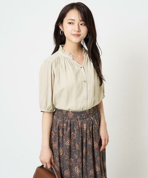 Maison de CINQ / メゾン ドゥ サンク シャツ・ブラウス | 【小さいサイズ】フリルネックデザインサテンブラウス/接触冷感/洗える | 詳細1