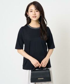 [洗える・日本製]強撚コットンドットジャガードカットソー Maison de CINQ｜[日本製]強撚コットンドットジャガード