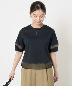 【小さいサイズ】シアー切替えランタンスリーブカットソー/接触冷感/洗える