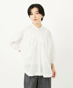 Maison de CINQ / メゾン ドゥ サンク シャツ・ブラウス | バンドカラーハンドスモッキング7分袖ブラウス