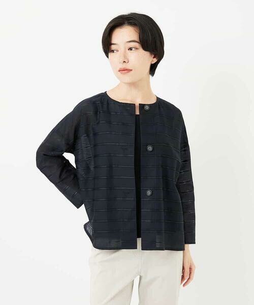 Maison de CINQ / メゾン ドゥ サンク シャツ・ブラウス | ボーダー柄ノーカラーブラウス羽織 | 詳細4