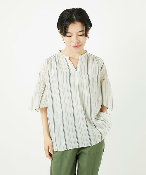 Maison de CINQ / メゾン ドゥ サンク シャツ・ブラウス | [接触冷感]ランダムストライプフレアスリーブブラウス | 詳細1