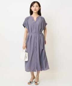 Maison de CINQ / メゾン ドゥ サンク ロング・マキシ丈ワンピース | 【小さいサイズ】ベルト付きキーネックワンピース/洗える