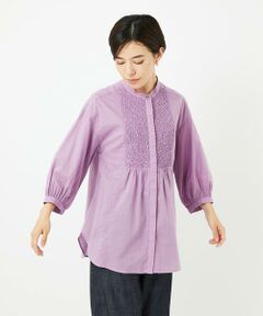 Maison de CINQ / メゾン ドゥ サンク シャツ・ブラウス | バンドカラーシャーリングコットン7分袖ブラウス