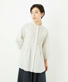 Maison de CINQ / メゾン ドゥ サンク シャツ・ブラウス | バンドカラーシャーリングコットン7分袖ブラウス