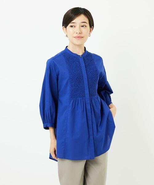 Maison de CINQ/メゾン ドゥ サンク バンドカラーシャーリングコットン7分袖ブラウス ブルー S