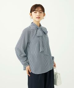 Maison de CINQ / メゾン ドゥ サンク シャツ・ブラウス | 【小さいサイズ】ボウタイ付き千鳥柄プリントブラウス/洗濯機で洗える