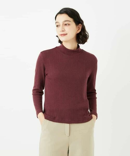 Maison de CINQ / メゾン ドゥ サンク カットソー | エアーコットンストライプ柄ハイネックカットソー(ブラウン×レッド)