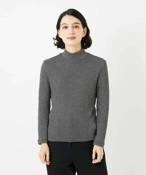 Maison de CINQ / メゾン ドゥ サンク カットソー | エアーコットンストライプ柄ハイネックカットソー(ブラック×ホワイト)