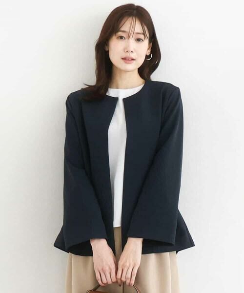 Maison de CINQ / メゾン ドゥ サンク ノーカラージャケット | 【小さいサイズ】ダブルクロス テントラインノーカラージャケット/セットアップ対応/防シワ/ストレッチ/洗える（ネイビー）