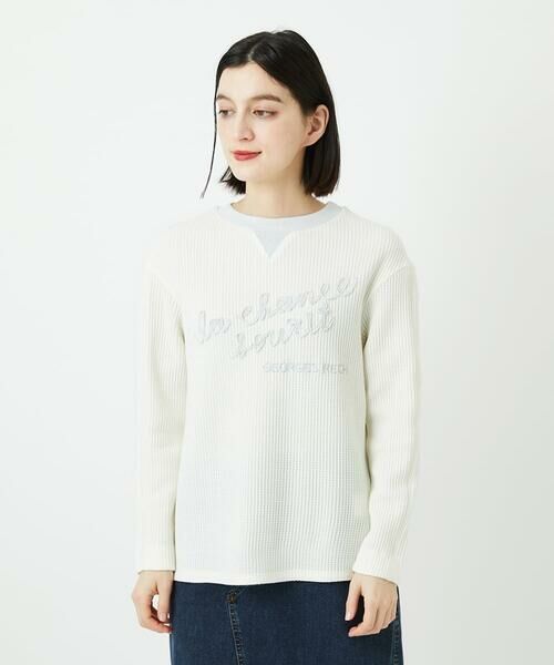Maison de CINQ / メゾン ドゥ サンク カットソー | ラメニットテープロゴ刺繍プルオーバー（ホワイト）