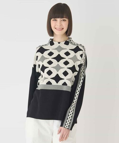 Maison de CINQ / メゾン ドゥ サンク ニット・セーター | 【小さいサイズ】ジャカード×インターシャ幾何柄ニットプルオーバー（ブラック）