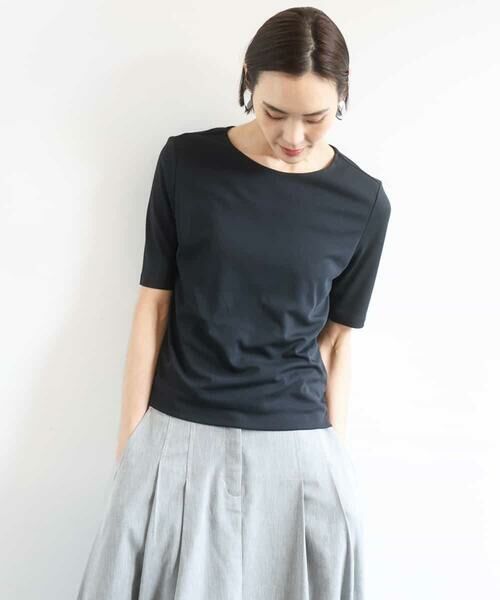 Maison de CINQ / メゾン ドゥ サンク カットソー | [小さいサイズ][遮熱効果素材]ステッチレス五分袖プルオーバー（ブラック）