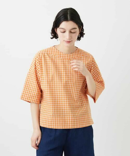 Maison de CINQ / メゾン ドゥ サンク シャツ・ブラウス | ステッチギンガムチェックプルオーバーブラウス（オレンジ）