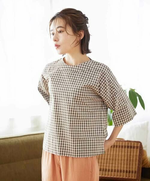Maison de CINQ / メゾン ドゥ サンク シャツ・ブラウス | ステッチギンガムチェックプルオーバーブラウス（カーキ）