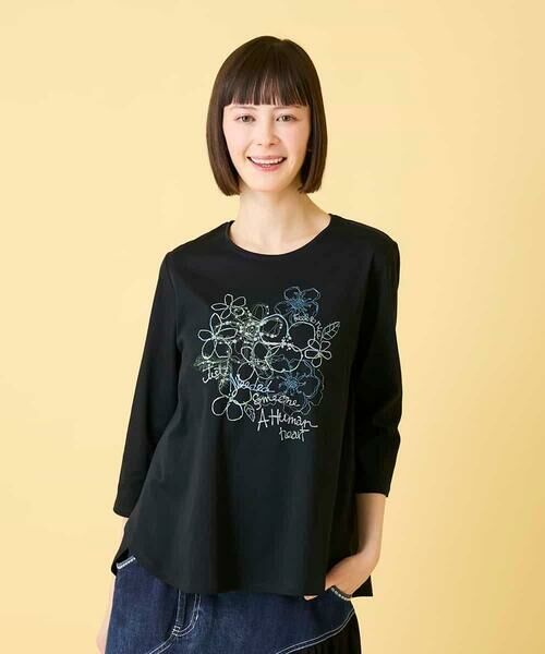 Maison de CINQ / メゾン ドゥ サンク カットソー | 【小さいサイズ】フローラルタイポTシャツ（ブラック）