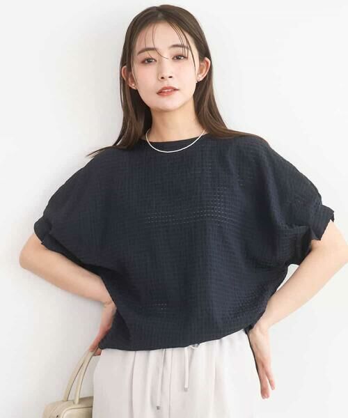 Maison de CINQ / メゾン ドゥ サンク シャツ・ブラウス | 【小さいサイズ】[洗える]シアーチェック柄タックスリーブブラウス（ネイビー）