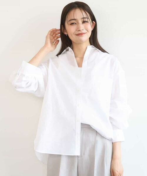 Maison de CINQ / メゾン ドゥ サンク シャツ・ブラウス | 【小さいサイズ】リネン混カラーシャツブラウス/接触冷感/洗える（ホワイト）