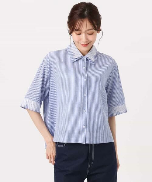 Maison de CINQ / メゾン ドゥ サンク シャツ・ブラウス | 【小さいサイズ】[洗える]ストライプレース五分袖シャツブラウス | 詳細7