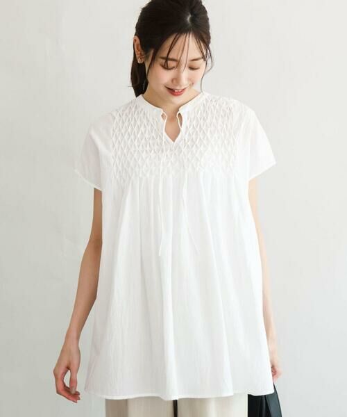 Maison de CINQ / メゾン ドゥ サンク シャツ・ブラウス | 【小さいサイズ】[洗える]ハンドスモッキングブラウス（ホワイト）