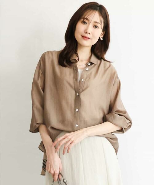 Maison de CINQ / メゾン ドゥ サンク シャツ・ブラウス | 【小さいサイズ】[接触冷感/洗える]ドビーストライプ柄シアーシャツブラウス（モカ）