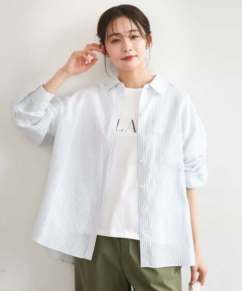 Maison de CINQ / メゾン ドゥ サンク シャツ・ブラウス | 【小さいサイズ】リネン混ストライプシャツブラウス/接触冷感/洗える（ライトブルー）