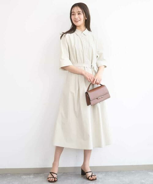 Maison de CINQ / メゾン ドゥ サンク ロング・マキシ丈ワンピース | 【小さいサイズ】ハーフスリーブ シャツワンピース/UVカット/洗える（ベージュ）