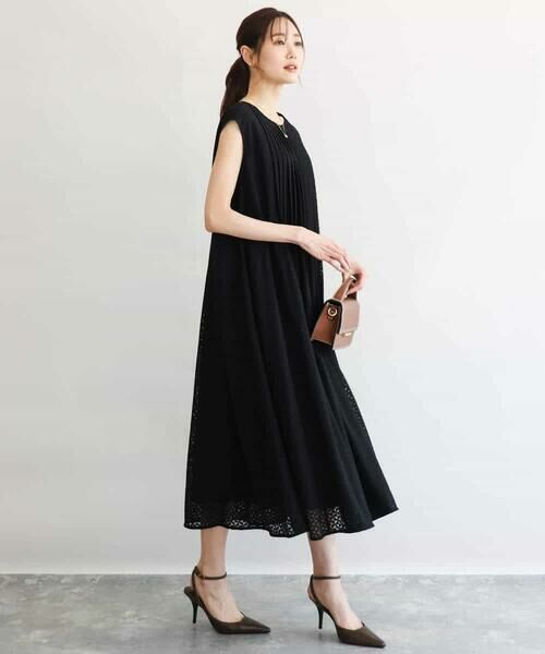 Maison de CINQ / メゾン ドゥ サンク ロング・マキシ丈ワンピース | 【小さいサイズ】[洗える]幾何柄レースAラインワンピース（ブラック）