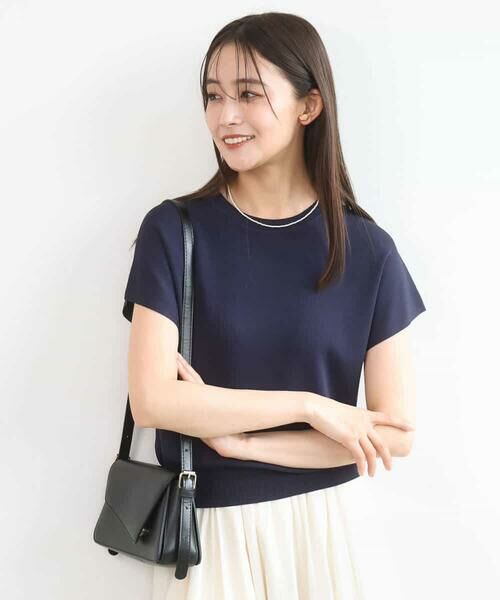 Maison de CINQ / メゾン ドゥ サンク ニット・セーター | 【小さいサイズ】フレンチスリーブニット/接触冷感/UVカット/洗える（ネイビー）