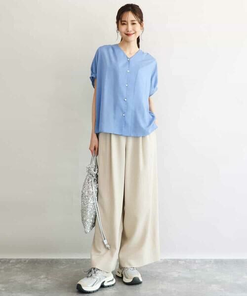 Maison de CINQ / メゾン ドゥ サンク チノ・ワークパンツ | 【小さいサイズ】[UVカット/防シワ/抗ピリング/洗濯機で洗える]ピンストライプ柄プルオンワイドパンツ | 詳細16