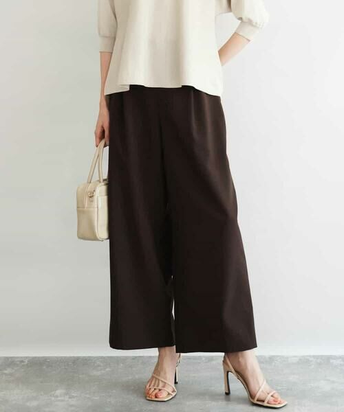 Maison de CINQ / メゾン ドゥ サンク チノ・ワークパンツ | 【小さいサイズ】[洗える]リネンライクストレッチ ストレートワイドパンツ（ブラウン）