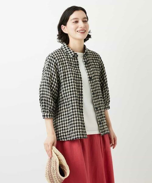 Maison de CINQ / メゾン ドゥ サンク シャツ・ブラウス | [セットアップ対応]リネンコットンギンガムチェックブラウス（ブラウン系）