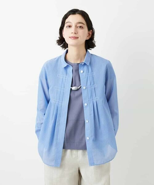 Maison de CINQ / メゾン ドゥ サンク シャツ・ブラウス | シアーストライプ前開きブラウス（ブルー）