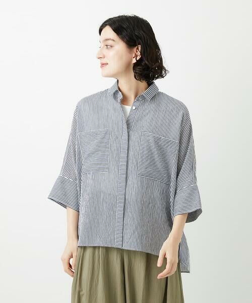 Maison de CINQ / メゾン ドゥ サンク シャツ・ブラウス | バンドカラードルマンスリーブブラウス（ネイビー）