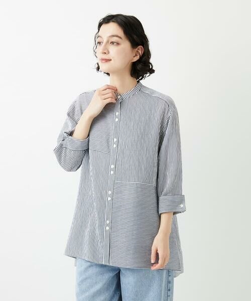 Maison de CINQ / メゾン ドゥ サンク シャツ・ブラウス | バンドカラードルマンスリーブロングブラウス（ネイビー）