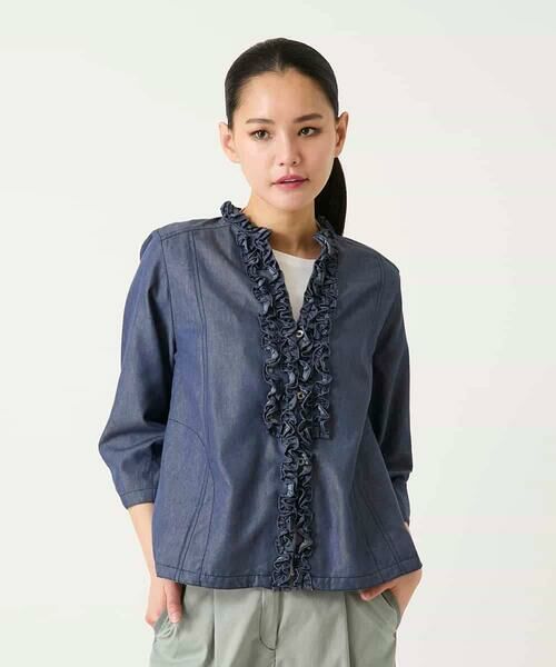 Maison de CINQ / メゾン ドゥ サンク シャツ・ブラウス | 【小さいサイズ】フリルアクセントダンガリーブラウス | 詳細1